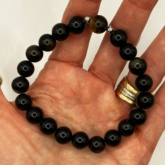 Men's Black Obsidian Gemstone Stretch Bracelet Handmade Brand New - Picture 1 of 5